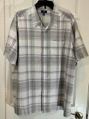 George Mens Classic Fit White Gray Purple Plaid Short Sleeve Button Down XL